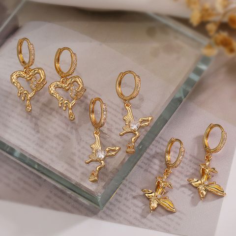 1 Pair Simple Style Commute Heart Shape Butterfly Hollow Out Inlay Copper Zircon 18K Gold Plated White Gold Plated Drop Earrings