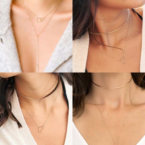 Copper 14K Gold Plated Casual Classic Style Heart Shape Double Layer Necklaces