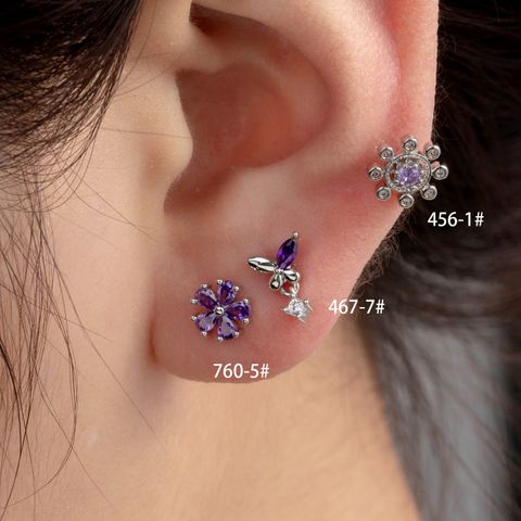 1 Piece Casual Sweet Flower Butterfly Inlay Copper Zircon Ear Studs Cartilage Earrings