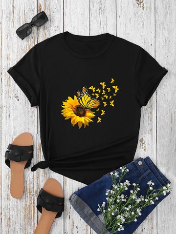 Mujeres Playeras Manga Corta Camisetas Ronda Casual Girasol