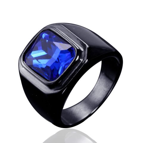 Retro Simple Style Solid Color 304 Stainless Steel Inlay Glass Stone Rhodium Plated Men's Rings