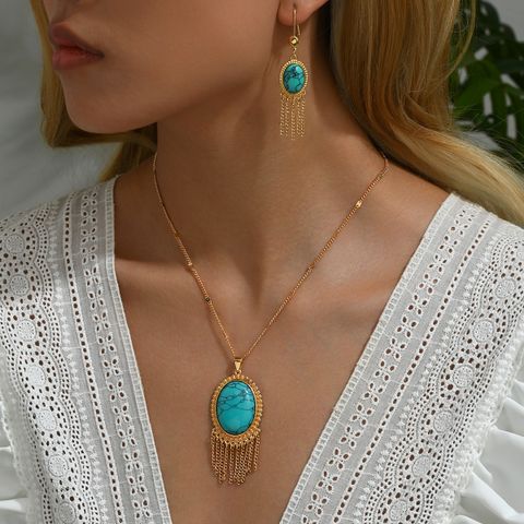 Copper 18K Gold Plated Simple Style Classic Style Plating Inlay Oval Turquoise Earrings Necklace Jewelry Set