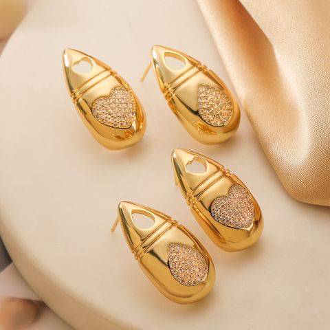 1 Pair Retro Simple Style Commute Water Droplets Heart Shape Inlay Copper Zircon 18K Gold Plated Ear Studs
