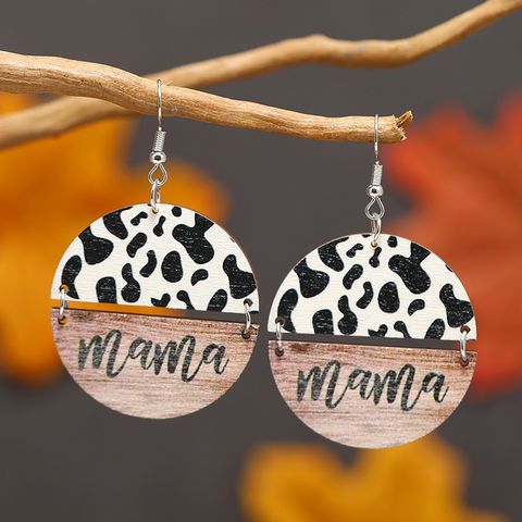 1 Pair Simple Style Classic Style Round Printing Wood Silver Plated Drop Earrings