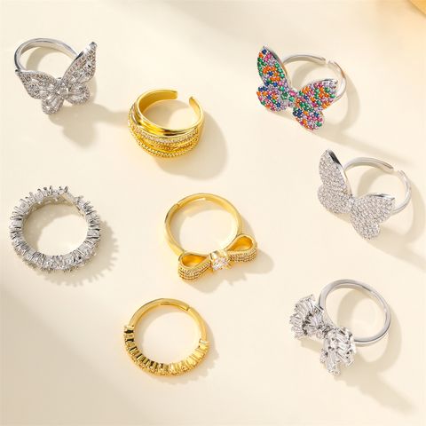Wholesale Glam Shiny Flower Butterfly Bow Knot Copper Inlay 18K Gold Plated White Gold Plated Zircon Open Rings