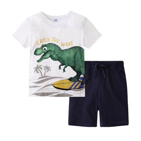 Trendy Spring And Summer New Boys' Short Sleeve Round Neck Suit Summer Children's Cute T-shirt Dinosaur Kids Clothes Two-Piece Suit