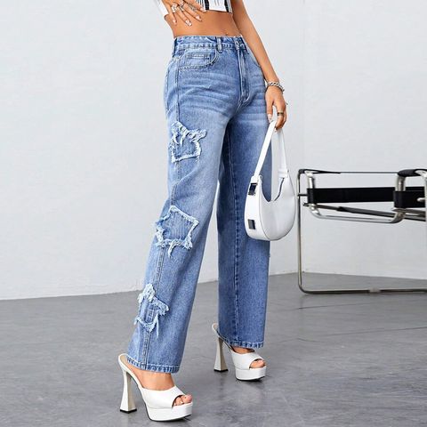 Women's Daily Streetwear Star Full Length Washed Ripped Jeans Straight Pants