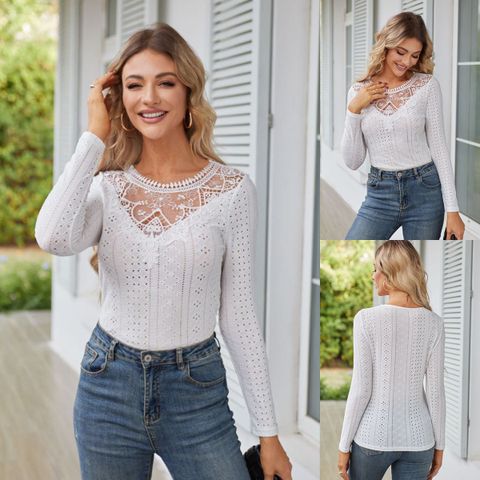 Women's Eyelet Top Long Sleeve T-Shirts Lace Simple Style Classic Style Solid Color