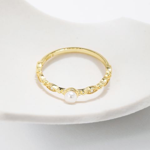 Sterling Silver 14K Gold Plated Elegant Glam Sweet Epoxy Inlay Geometric Artificial Pearls Crystal Rings