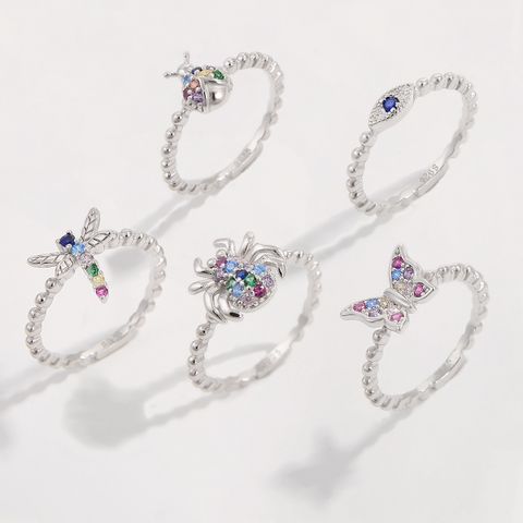 Sterling Silver White Gold Plated Princess Sweet Inlay Beetles Dragonfly Butterfly Zircon Rings