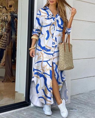 Casual Shirt Collar Printing Floral Maxi Long Dress