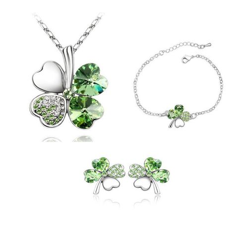Fashion Four-leaf Clover Crystal Pendant Necklace Ear Stud Bracelet Three-piece Set
