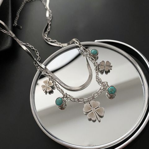 Fashion Four Leaf Clover Titanium Steel Plating Turquoise Necklaces