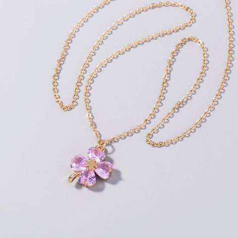 Fashion Pink Four-leaf Clover Zircon Pendant Flower Copper Necklace