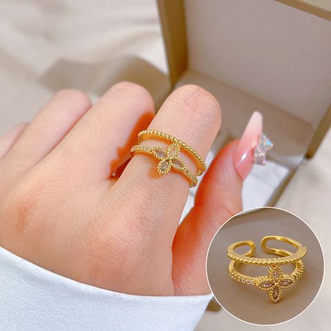 Fashion Four Leaf Clover Brass Zircon Open Ring In Bulk