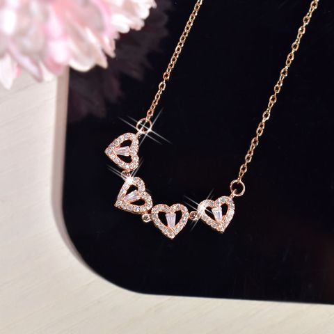 Simple Style Four Leaf Clover Heart Shape Titanium Steel Hollow Out Inlay Rhinestones Necklace 1 Piece