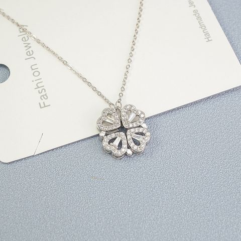 Fashion Four Leaf Clover Heart Shape Stainless Steel Flowers Inlay Zircon Necklace