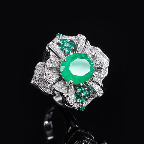 Fashion Flower Brass Inlay Zircon Rings 1 Piece