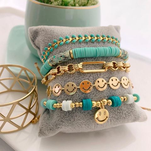 Modern Style Geometric Smiley Face Soft Clay Copper Knitting 18k Gold Plated Women's Bracelets