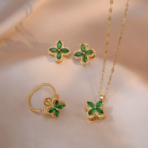 Elegant Four Leaf Clover Titanium Steel Copper Inlay Zircon Rings Earrings Necklace