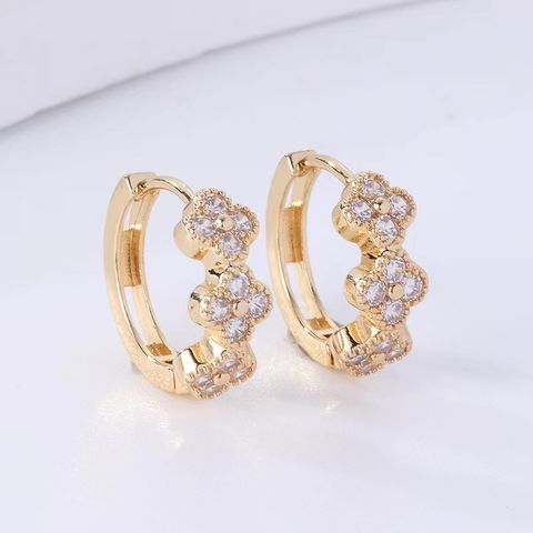 1 Pair Elegant Flower Inlay Copper Artificial Diamond Hoop Earrings