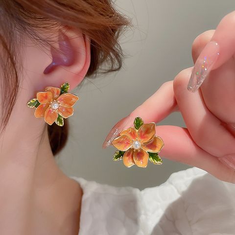 1 Pair Retro Flower Copper Enamel Inlay Artificial Pearls Rhinestones Earrings