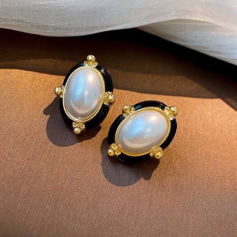 1 Pair Retro Round Color Block Heart Shape Copper Enamel Plating Inlay Artificial Pearls Drop Earrings