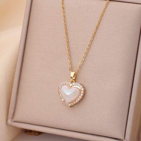 Casual Simple Style Water Droplets Heart Shape Flower Titanium Steel Plating Inlay Opal Zircon Pendant Necklace