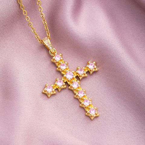 304 Stainless Steel Copper 18K Gold Plated Fashion Cross Zircon Necklace
