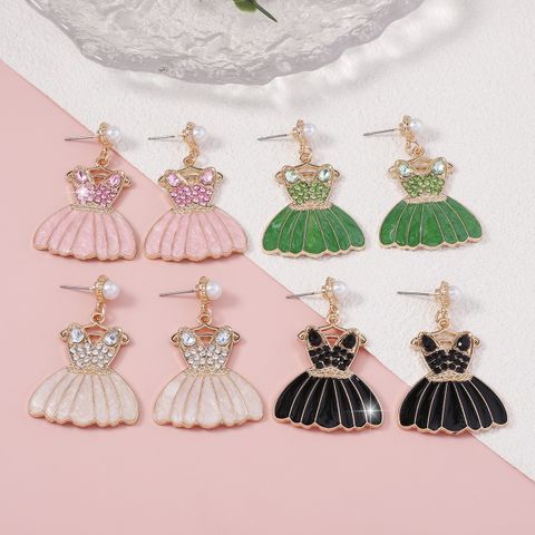 European And American Fashion New Style Sweet And Diamond Mounted Princess Skirt Drop Oil Earrings Exquisite Three-Dimensional Imitation Pearl Party Earrings