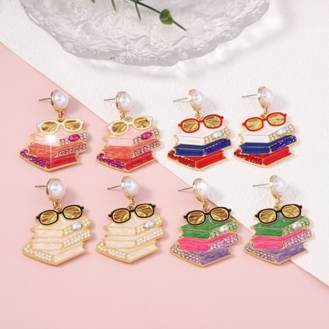 Personalized Creative Design Diamond-Embedded Cute Exquisite Book Doctor Drop Oil Earrings Imitation Pearl Fashion Glasses Niche Earrings