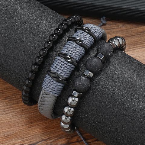 Retro Round Obsidian Beaded Men's Bracelets 1 Set