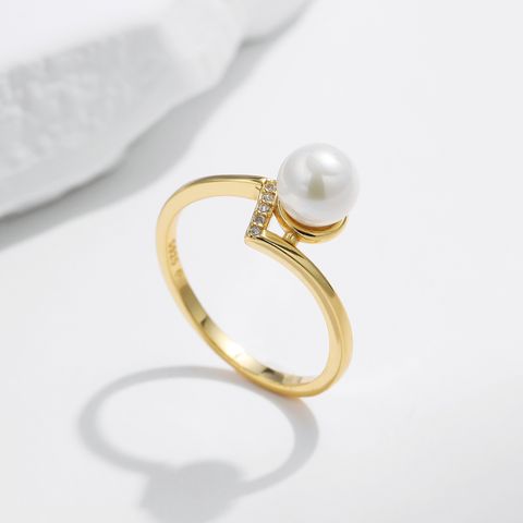 Sterling Silver 14K Gold Plated Elegant Simple Style Plating Inlay Geometric Artificial Pearls Zircon Rings