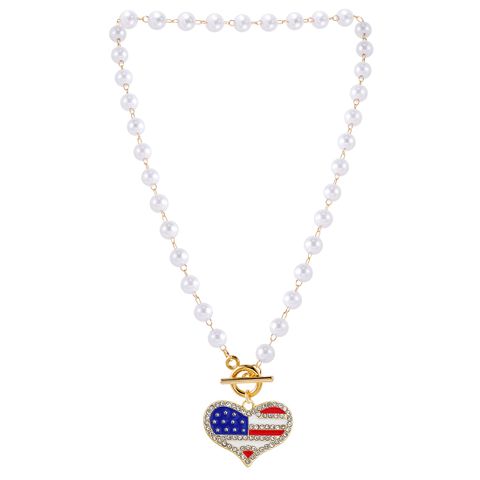 Wholesale Jewelry Retro Ethnic Style Heart Shape American Flag Alloy Gold Plated Pendant Necklace