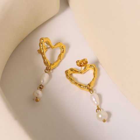 1 Pair Princess Sweet Heart Shape Inlay Titanium Steel Pearl Drop Earrings