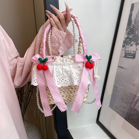 Women's Straw Fruit Bow Knot Cute Weave String Handbag