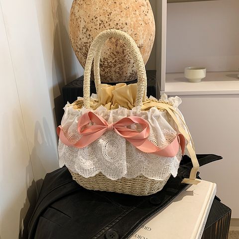 Women's Medium Straw Solid Color Bow Knot Vacation Beach Weave Lace String Straw Bag
