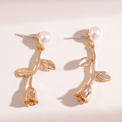 1 Pair Sweet Flower Inlay Alloy Pearl Drop Earrings