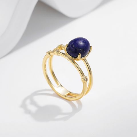 Sterling Silver 14K Gold Plated Simple Style Classic Style Commute Inlay Oval Lapis Lazuli Rings