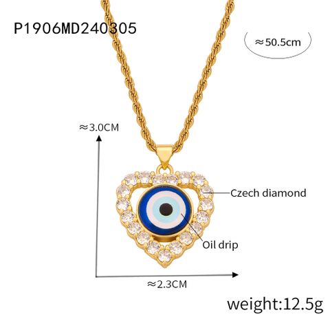 Casual Retro Round Heart Shape Eye Shell Titanium Steel Enamel Plating Inlay Rhinestones 18K Gold Plated Women's Pendant Necklace