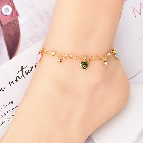 Simple Style Heart Shape 304 Stainless Steel Epoxy Plating Inlay Artificial Diamond 18K Gold Plated Women'S Anklet