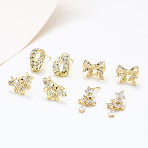 1 Pair Cute Sweet Geometric Bee Bow Knot Inlay Copper Zircon 18K Gold Plated Ear Studs