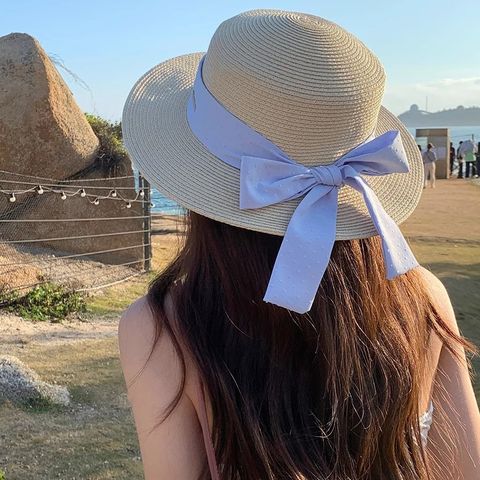 Mujeres Vacaciones Playa Color Sólido Nudo De Lazo Trenza Grandes Aleros Sombrero De Copa