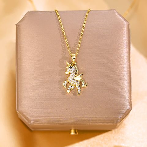 Wholesale Cute Shiny Unicorn 304 Stainless Steel Copper Inlay Gold Plated Zircon Pendant Necklace