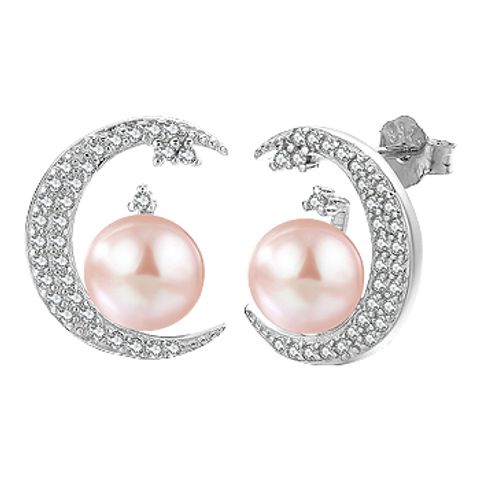 1 Pair Elegant Cute Moon Inlay Sterling Silver Pearl Zircon White Gold Plated Ear Studs