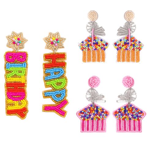 1 Pair IG Style Cute Letter Cake Beaded Seed Bead Drop Earrings