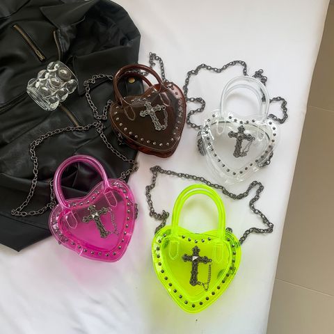 Women's Small Pu Leather Cross Streetwear Rivet Heart-shaped Zipper Jelly Bag