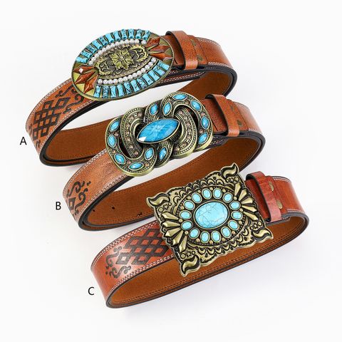 Retro Bohemian Solid Color Pu Leather Inlay Turquoise Unisex Leather Belts