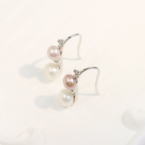 1 Pair Elegant Cute Flower Inlay Sterling Silver Pearl Zircon White Gold Plated Ear Hook