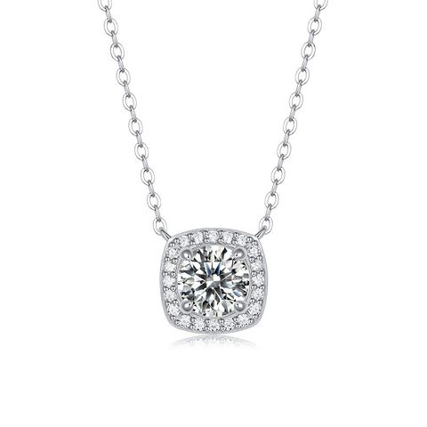 Sterling Silver Classic Style GRA Inlay Square Moissanite Zircon Necklace